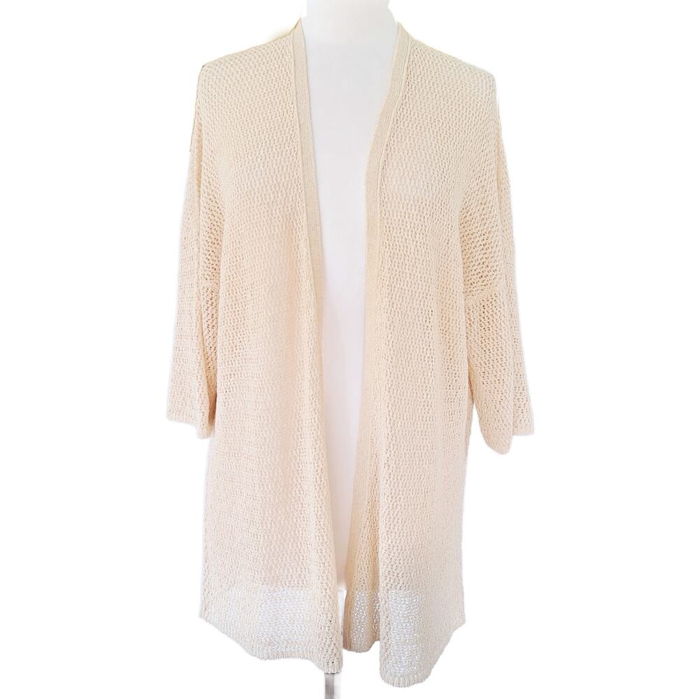EILEEN FISHER Cream Natural Open Knit Long Cardigan Sweater Medium 3/4 Sleeve